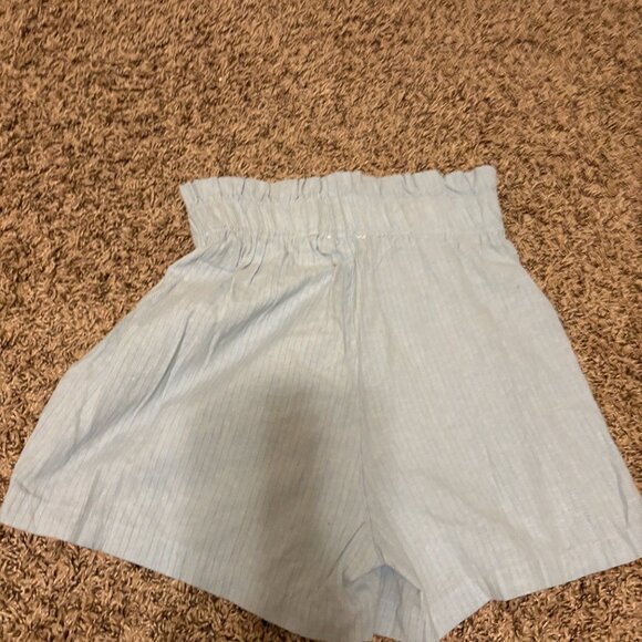 RIVIR Shorts Small Blue Tan Stripes Paper Bag Waist Linen Cotton Blend Elastic - Picture 3 of 3